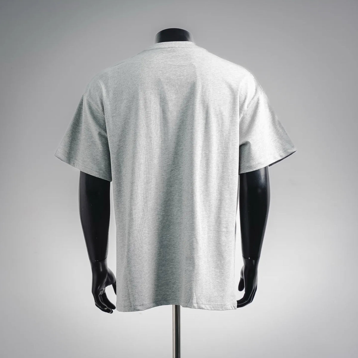 Grey short-sleeve T-shirt with embroidered chest logo, back view