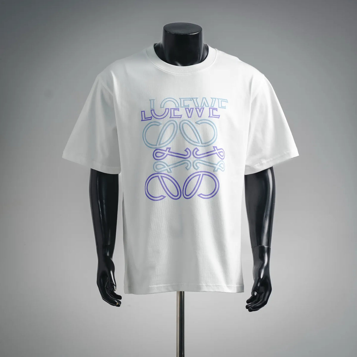 White short-sleeve T-shirt with multicolor LOEWE-style graphic logo on chest