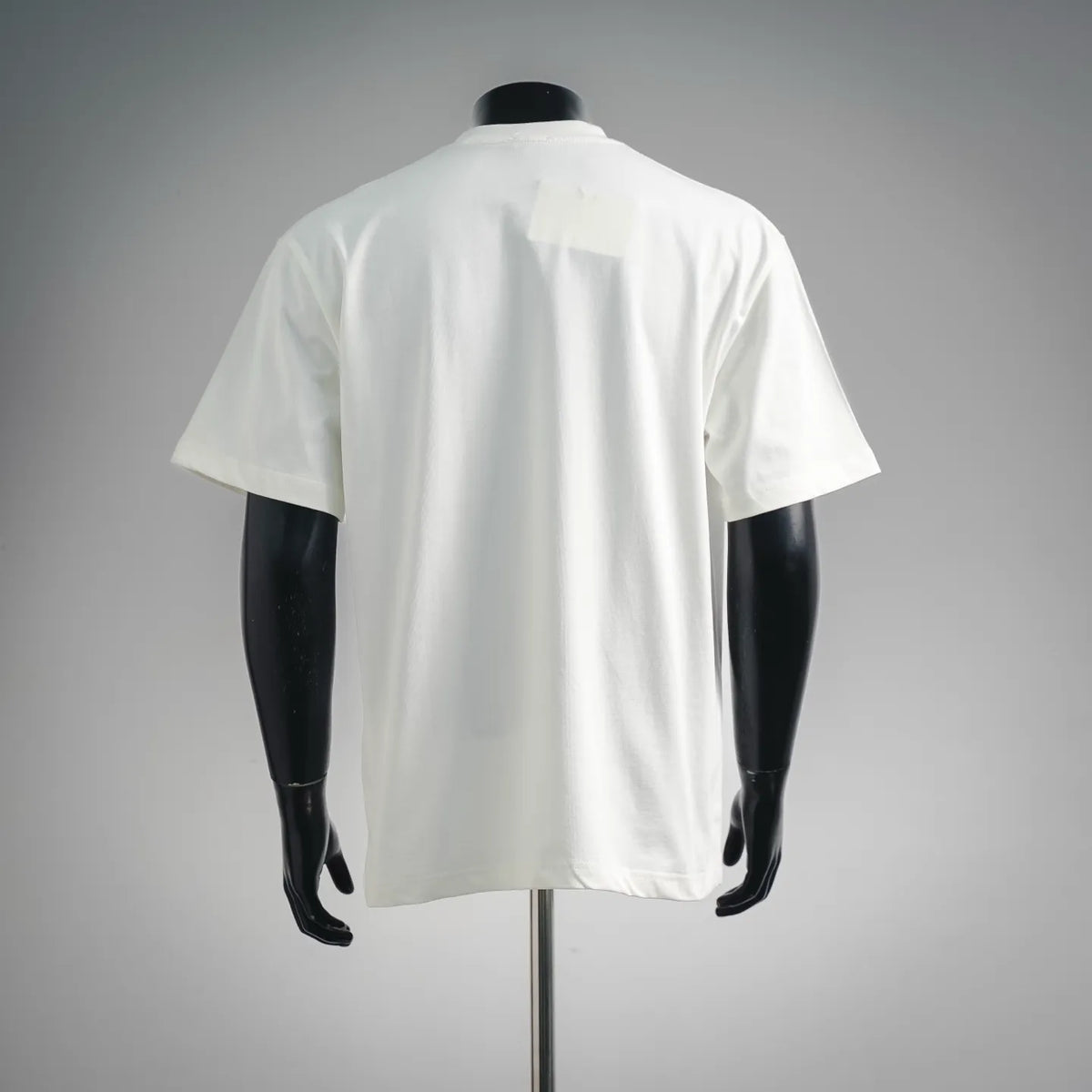 White crew-neck short-sleeve T-shirt, back view on a mannequin