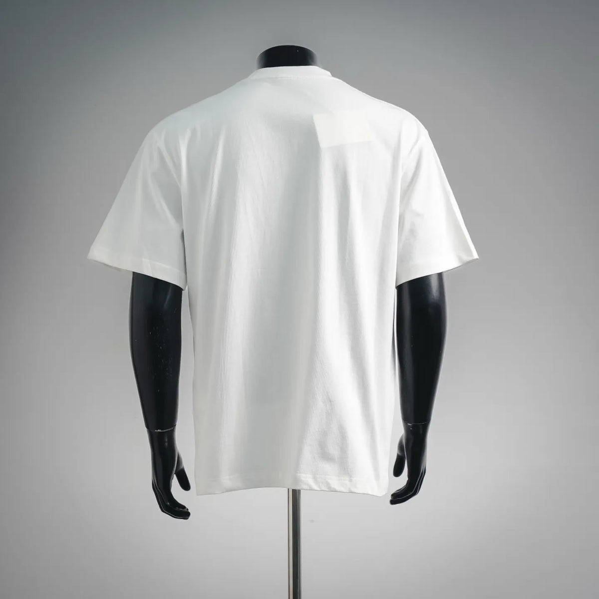 White crew-neck short-sleeve T-shirt, plain back view on mannequin