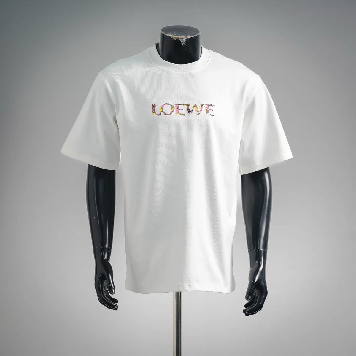 White LOEWE crew-neck T-shirt with multicolor embroidered logo on chest
