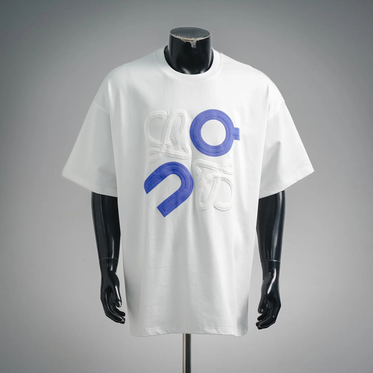 White LOEWE short-sleeve T-shirt with blue number patch graphic on chest