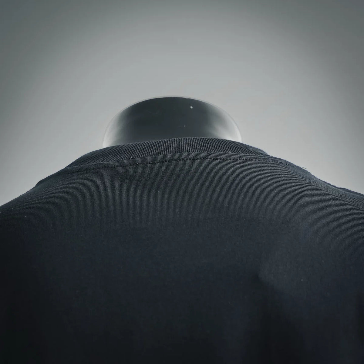Back of black T-shirt with mock collar and ribbed neckline