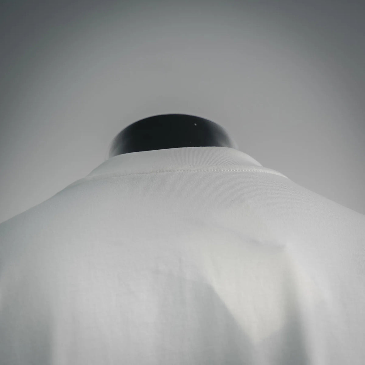 White T-shirt back view with crew neck opening on mannequin