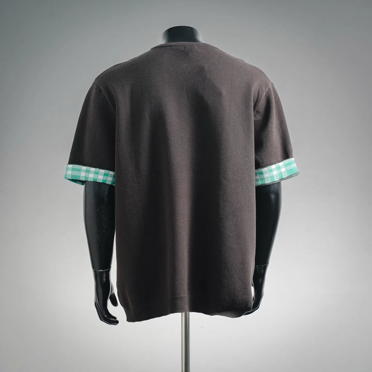 LOEWE short-sleeve shirt in dark gray/black with checkered teal-trim sleeve hems