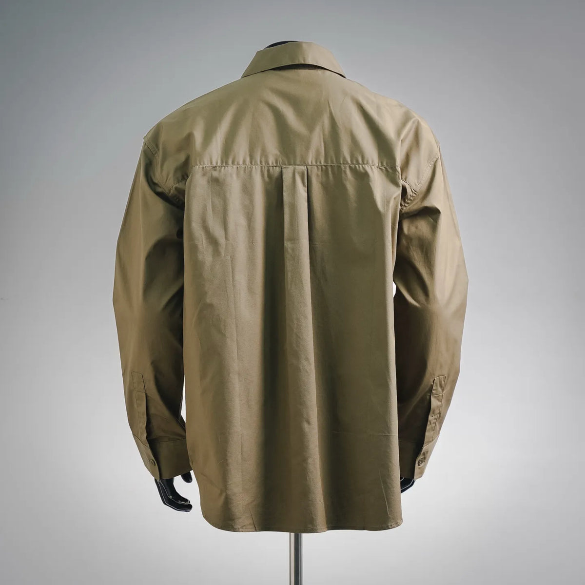 Men's long-sleeve button-up shirt, olive/khaki, back view with yoke seam