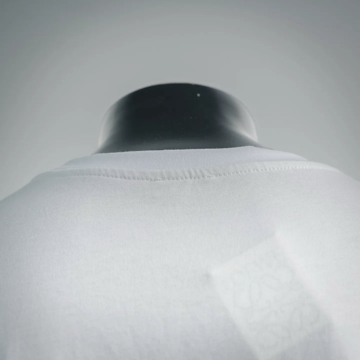 White T-shirt neckline and shoulder seam, shown from the back