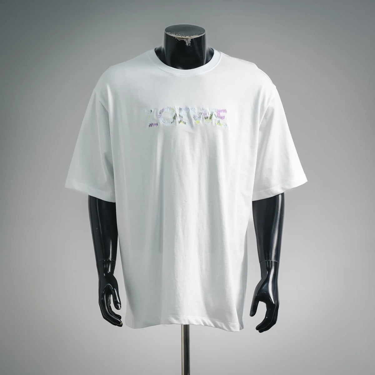 White LOEWE short-sleeve T-shirt with multicolor LOEWE logo print