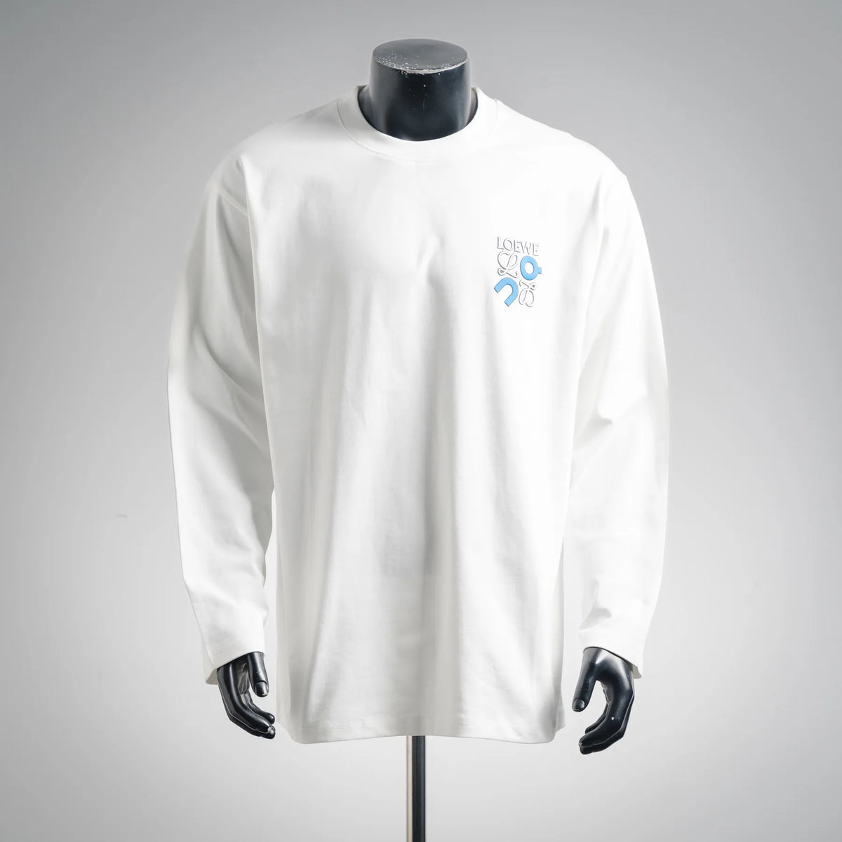 LOEWE white long-sleeve crewneck T-shirt with small blue logo graphic on chest