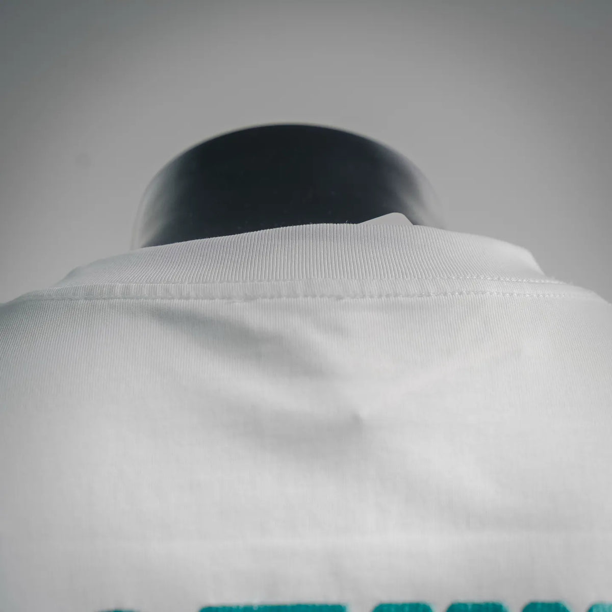 White T-shirt neckline close-up with ribbed collar and stitched seam