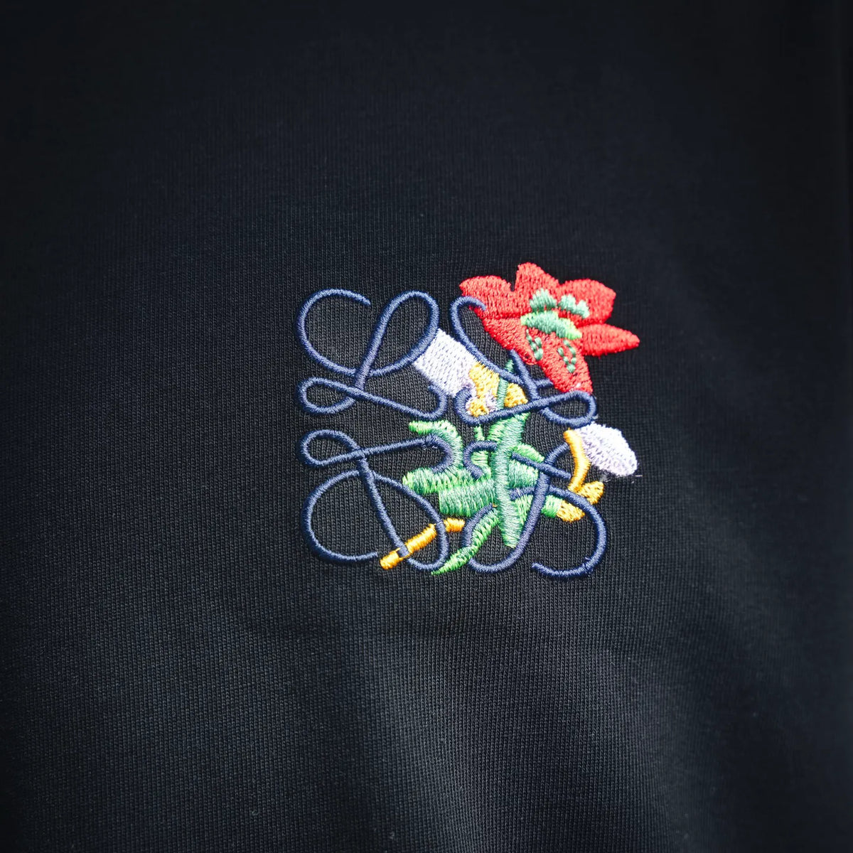 Black T-shirt with colorful multicolor embroidered graphic on front