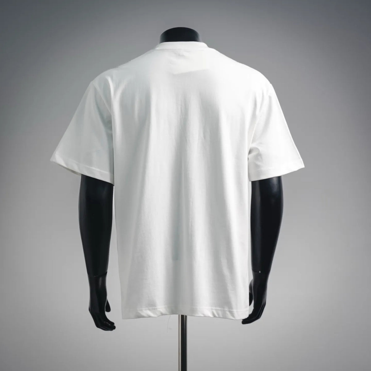 White short-sleeve T-shirt on mannequin, plain back view