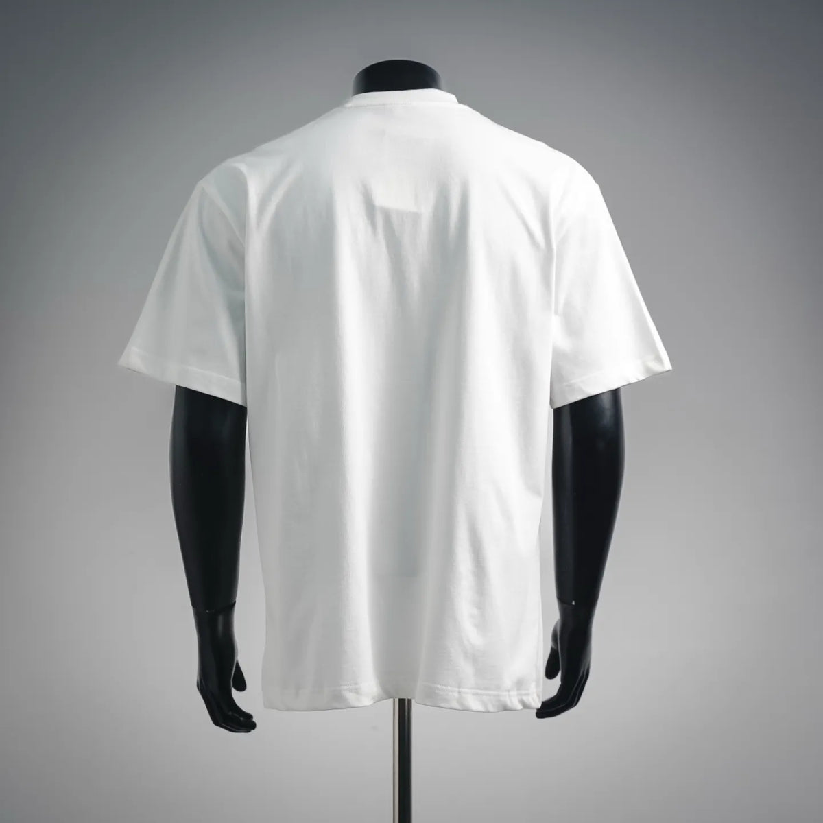 Back view of white short-sleeve T-shirt with straight hem