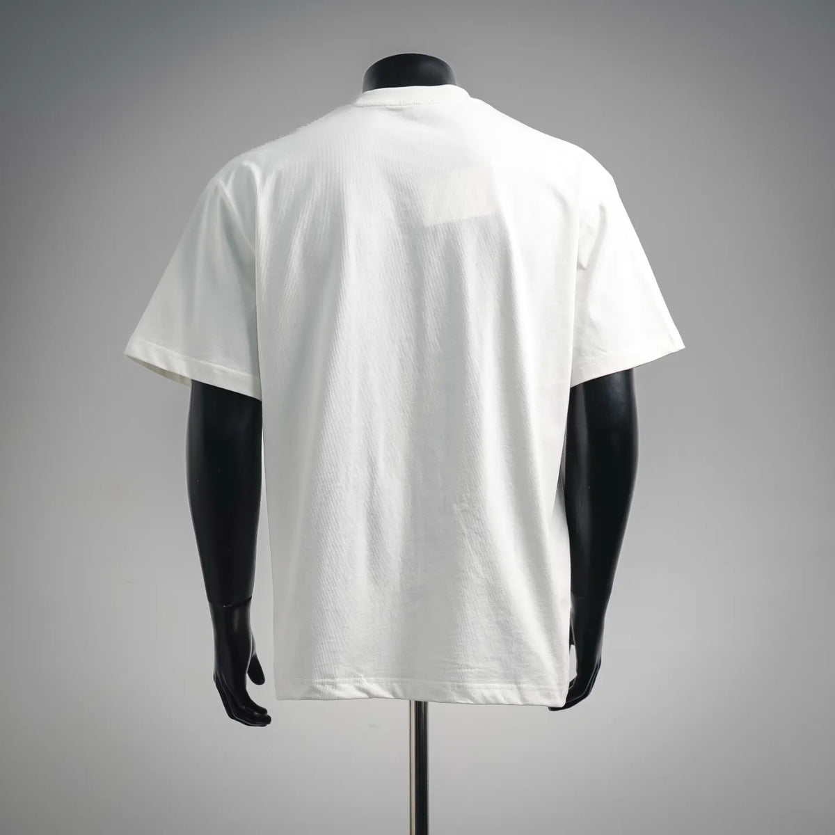 White short-sleeve T-shirt on mannequin, plain back view