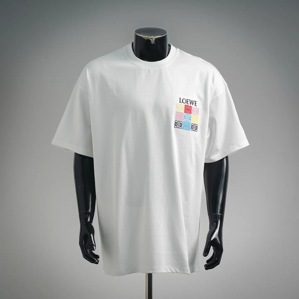 White LOEWE short-sleeve T-shirt with colorful square logo print on chest