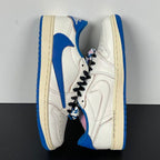 Side view of white and blue low-top sneakers with black laces and lace wrap accents