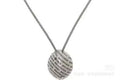 Round logo-printed pendant necklace with silver-tone chain, close-up