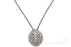 Round logo-printed pendant necklace with silver-tone chain, close-up