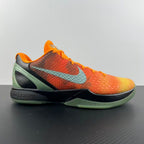 Basketball shoe with orange to yellow gradient upper and light blue swoosh
