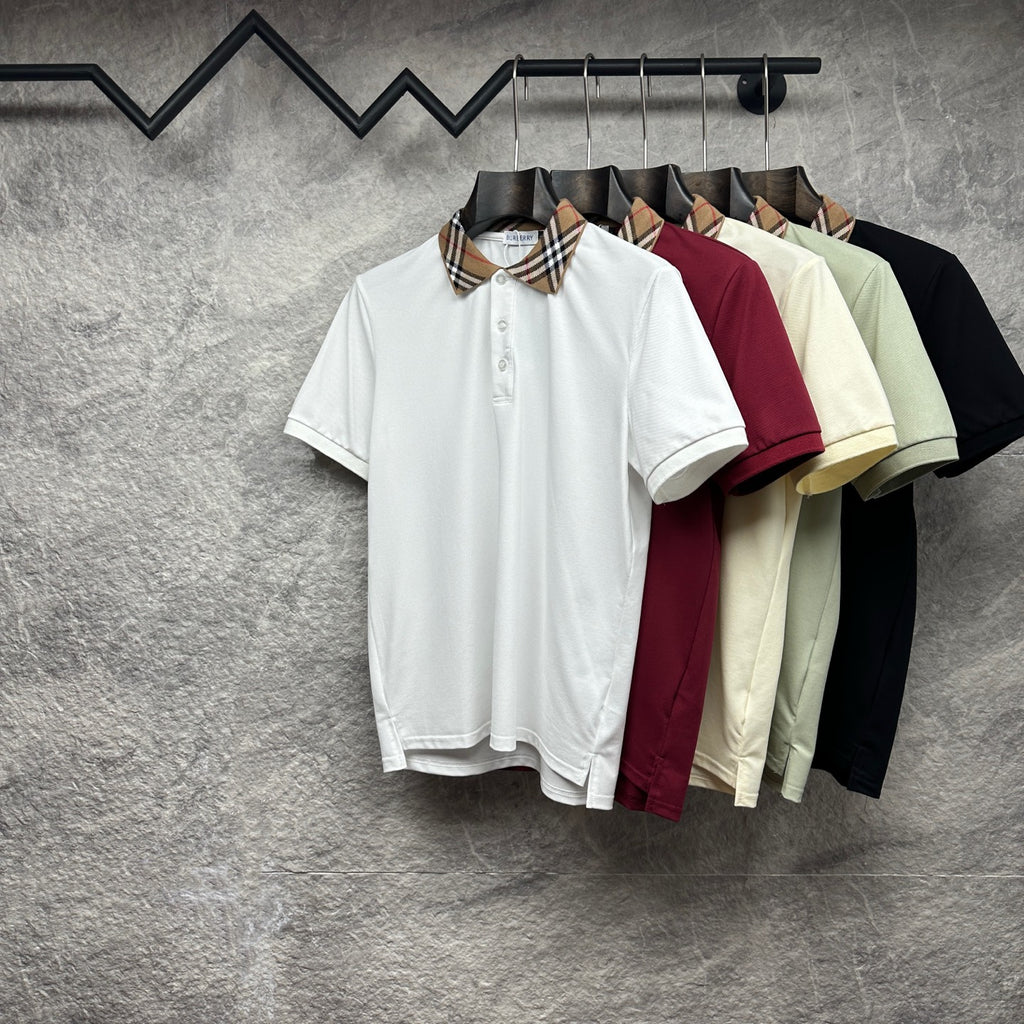Collection of polo shirts with check collars in white, burgundy, green and black