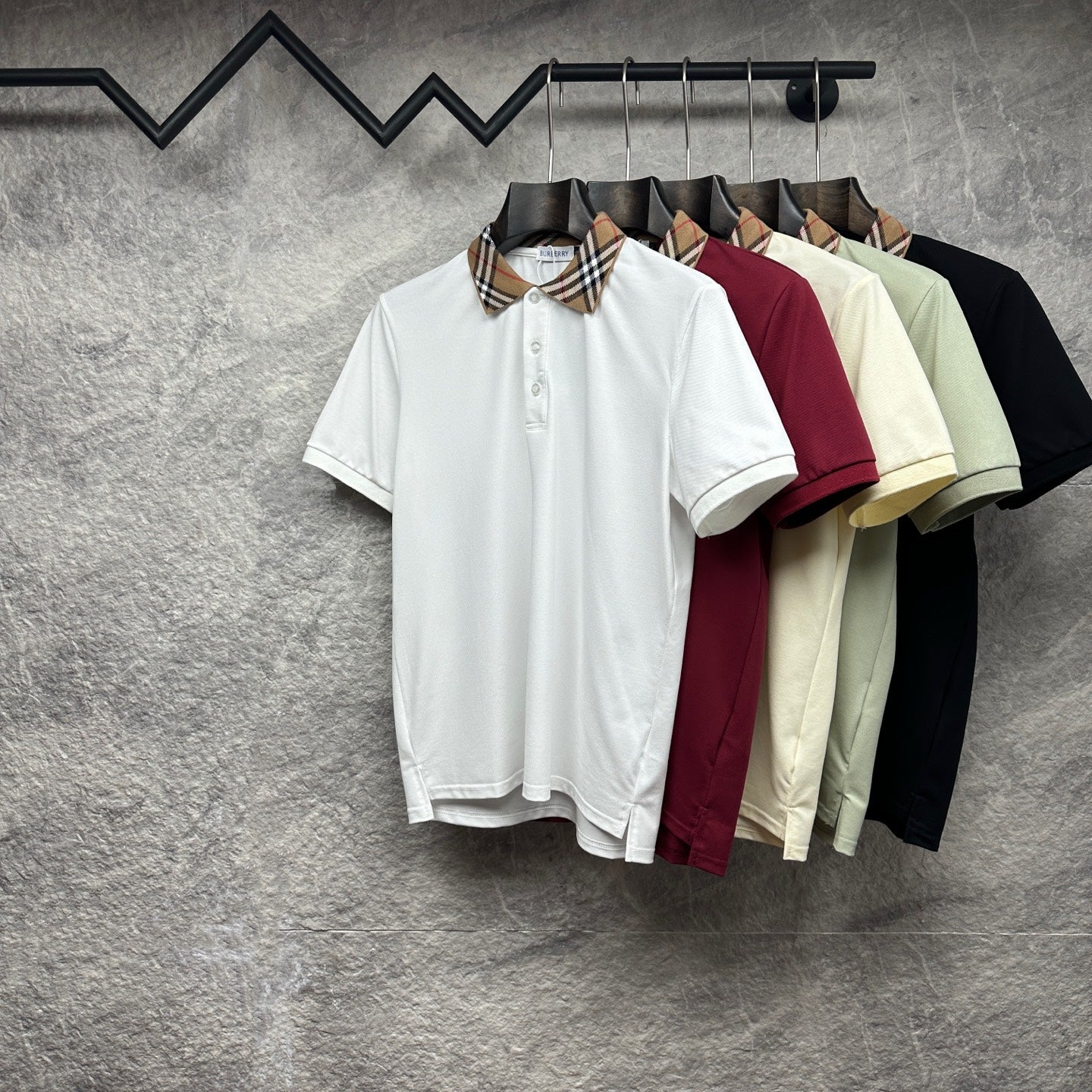 Collection of polo shirts with check collars in white, burgundy, green and black