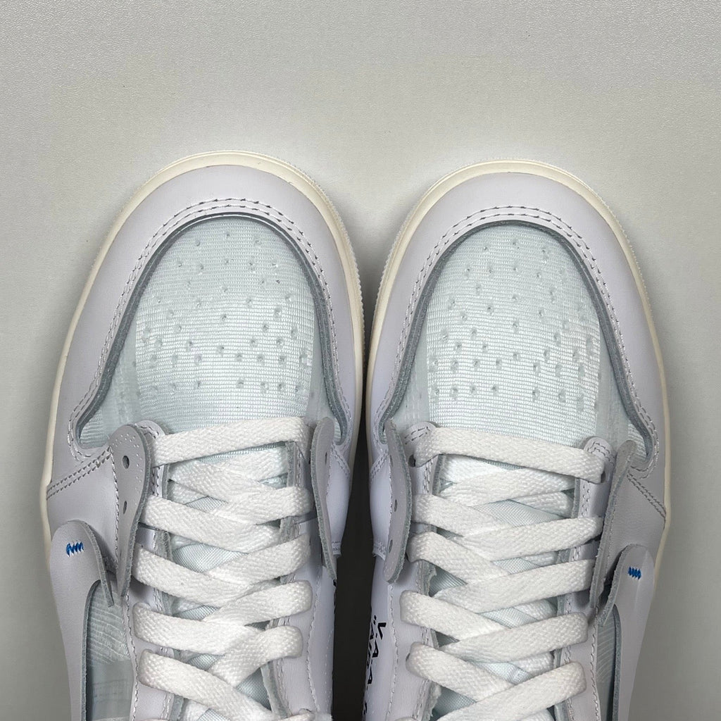 High-top sneakers top view, white laces and tongue with light blue interior padding