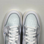 High-top sneakers top view, white laces and tongue with light blue interior padding