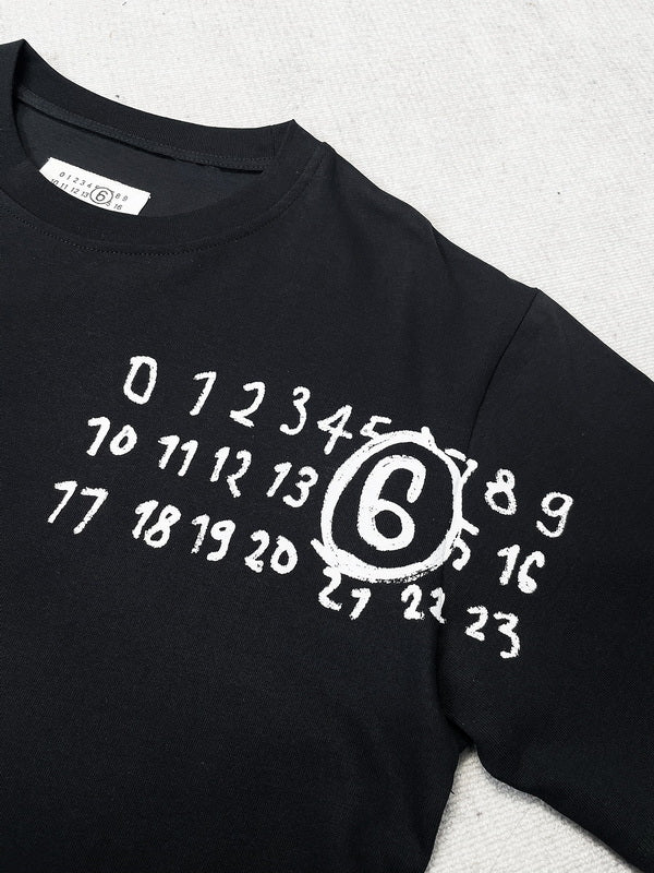 Black crew-neck T-shirt with large white number and logo print