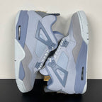 Light gray and blue basketball sneakers, front pair view with lace closure