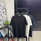 Black short-sleeve T-shirt with logo on chest, crew neck
