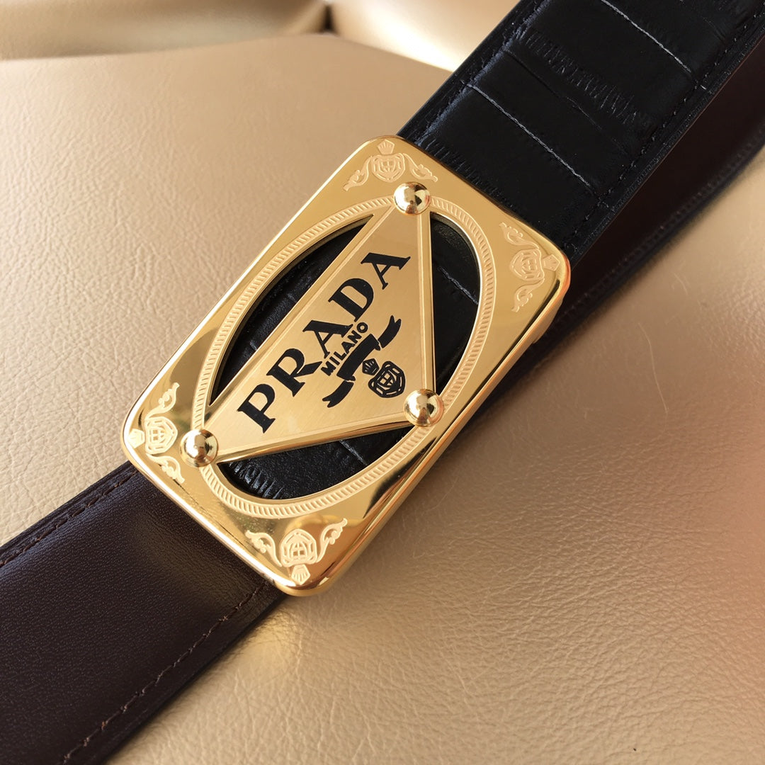 Black leather belt with gold rectangular Prada buckle close-up