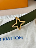 Green leather belt with gold star buckle detail on textured leather