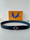 Louis Vuitton leather belt in dark blue with silver-and-gold star buckle