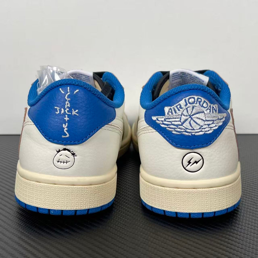 Back view of white and blue sneakers with heel branding and blue pull tabs