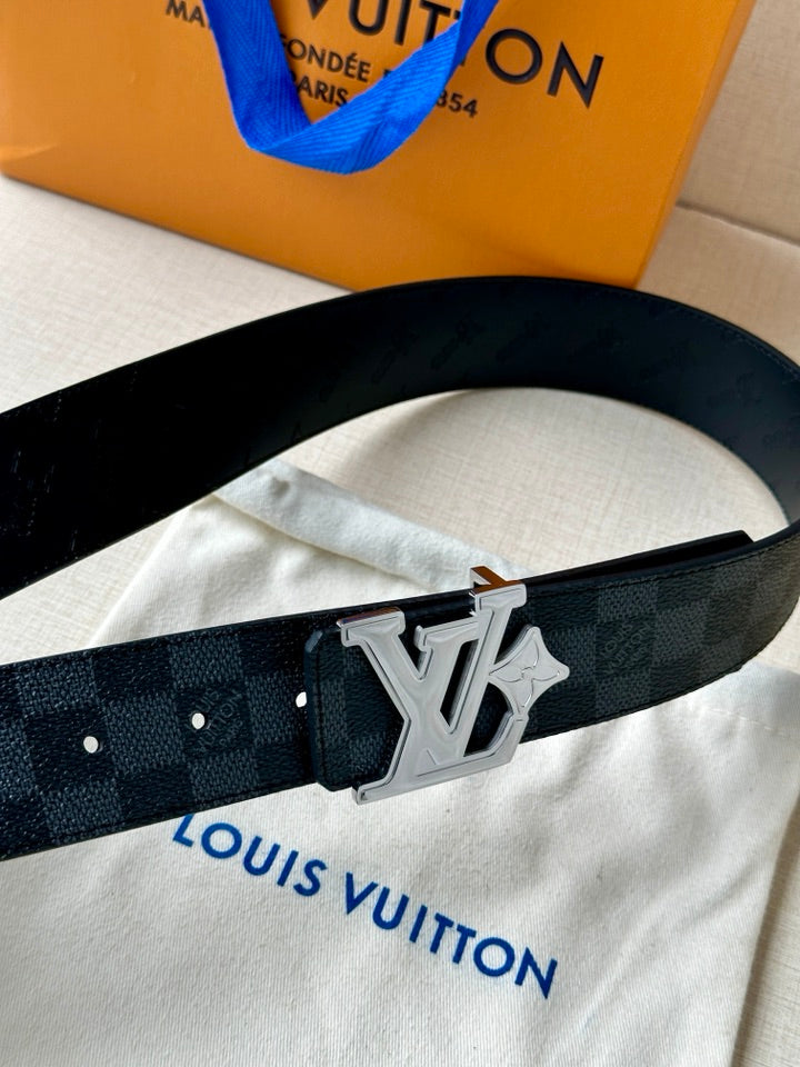 Dark patterned leather belt with square perforated holes and LV logo buckle.