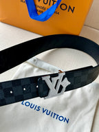 Dark patterned leather belt with square perforated holes and LV logo buckle.