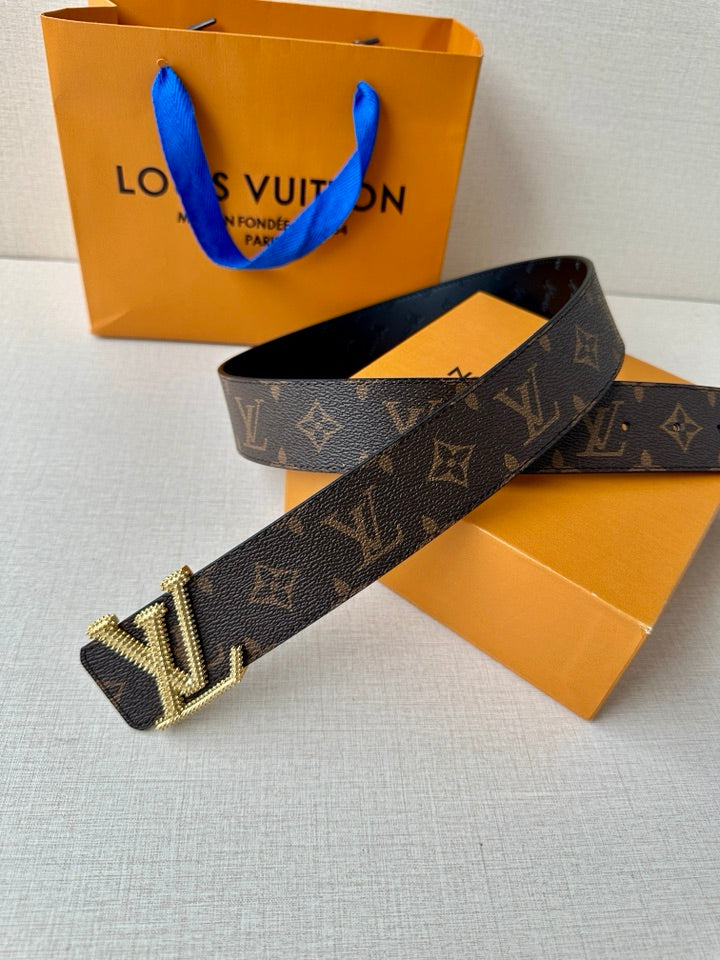 Dark monogram belt with rectangular gold buckle featuring LV-style monogram