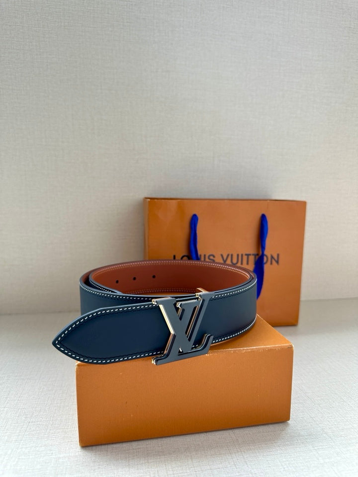 Louis Vuitton belt on box, dark blue leather with silver LV buckle and white stitching
