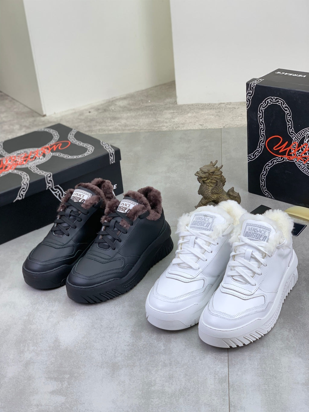Versace lace-up sneakers, dark and white pairs, chunky sole