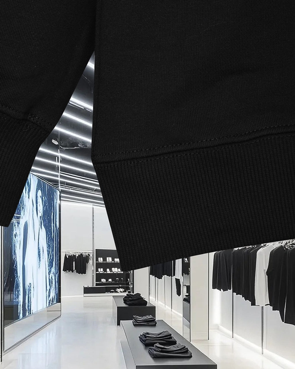 Black sweatshirt sleeve hem with ribbed cuff and stitched seam