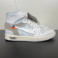 High-top sneakers in white with light blue and gray panels, orange-blue accent stripe, AIR text
