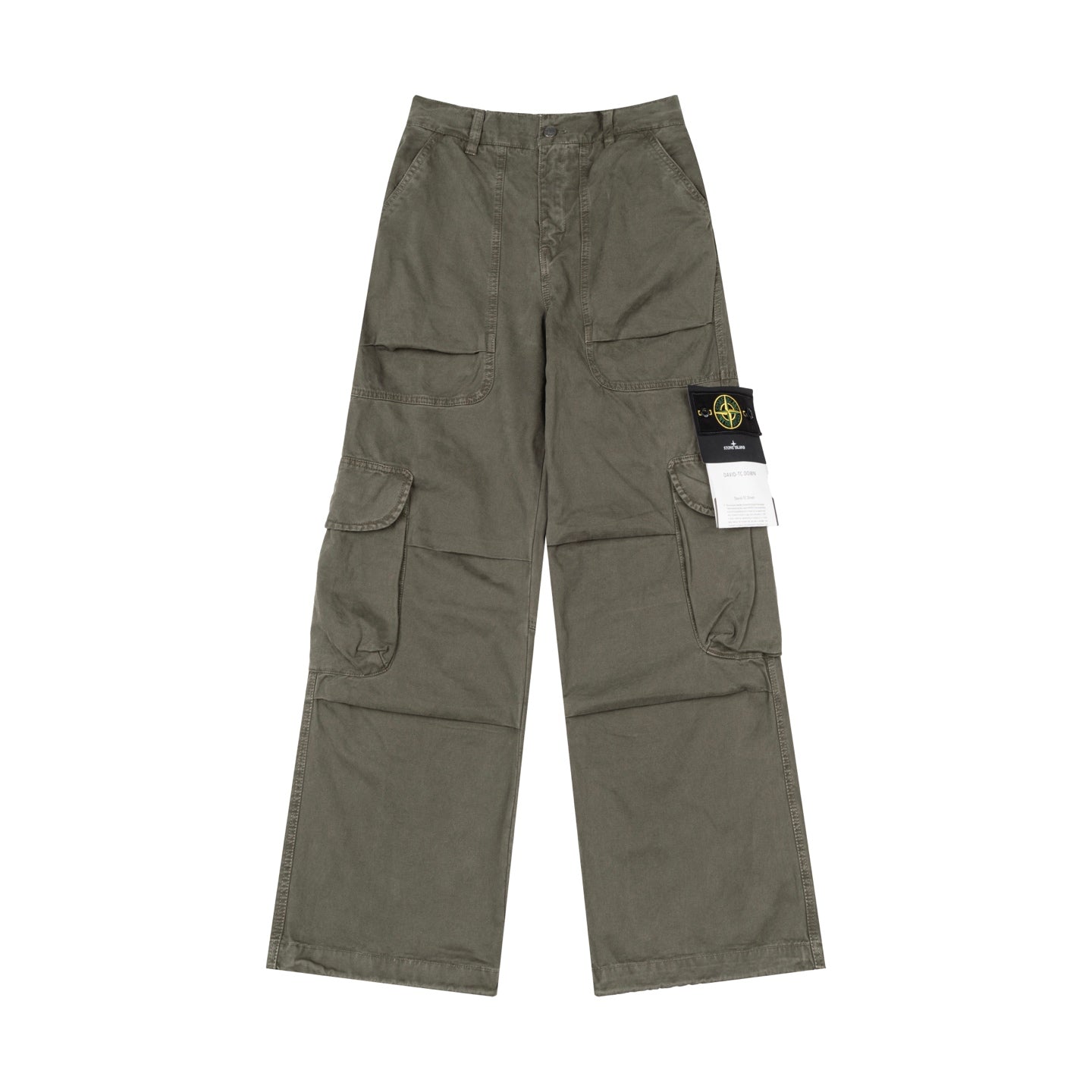 Stone Island olive cargo pants with patch pockets and straight legs