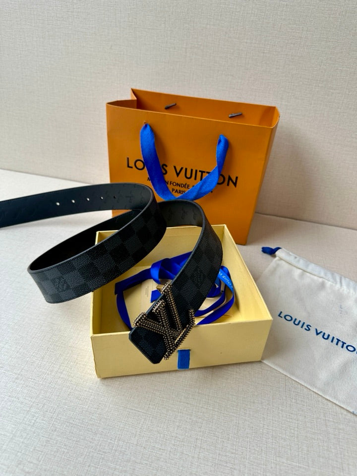 Checkered leather belt with silver-toned LV buckle and studded design