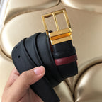 Prada belt with gold rectangular buckle, dark strap and burgundy stripe