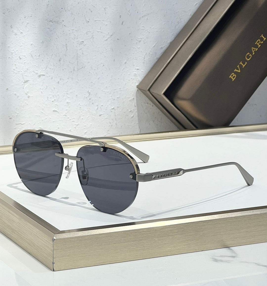 Bvlgari sunglasses with dark lenses, light metal bridge, and straight metal arms