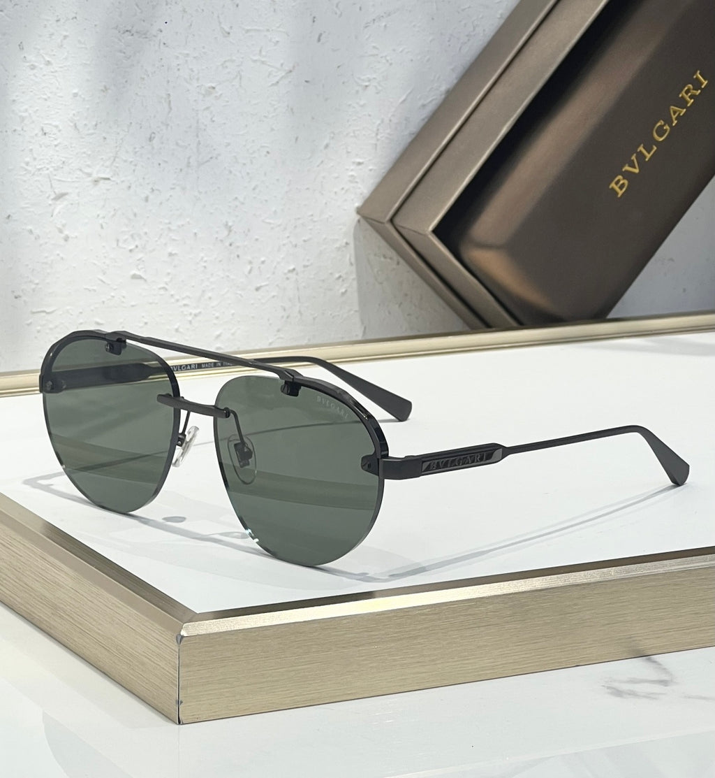 Bvlgari sunglasses with dark lenses, thin dark frame, and straight metal arms
