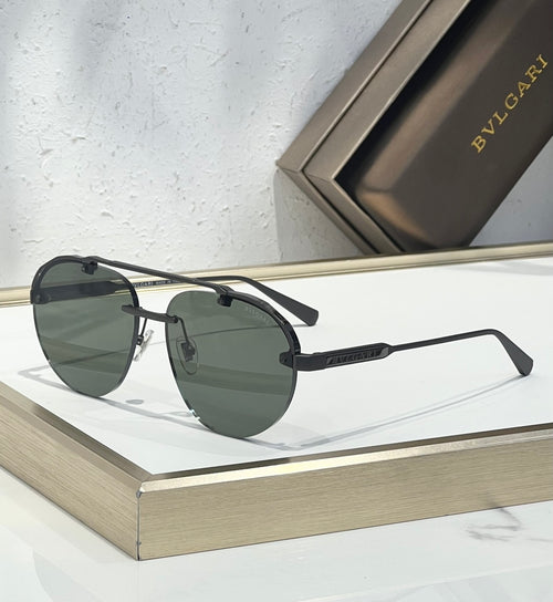 Bvlgari sunglasses with dark lenses, thin dark frame, and straight metal arms