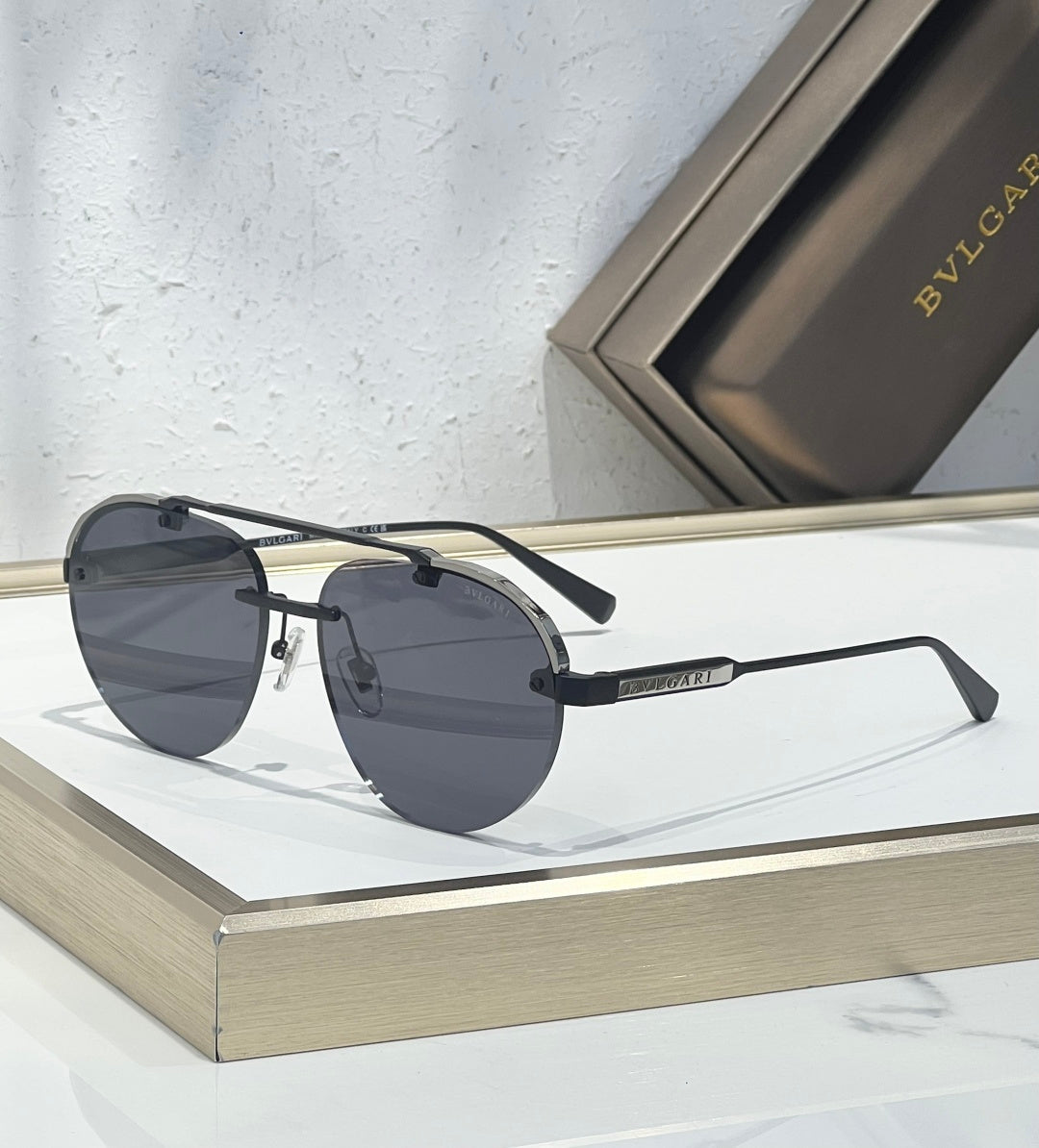 Bvlgari sunglasses with dark lenses, black frame, and straight metal arms