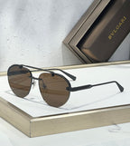 Bvlgari sunglasses with brown-tinted lenses, dark frame, and straight metal arms