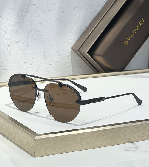 Bvlgari sunglasses with brown-tinted lenses, dark frame, and straight metal arms